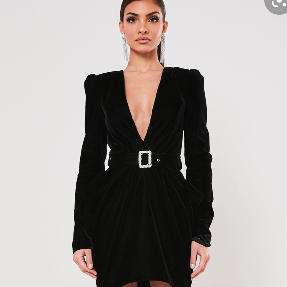 Velvet Plunge Belted LS Mini Dress